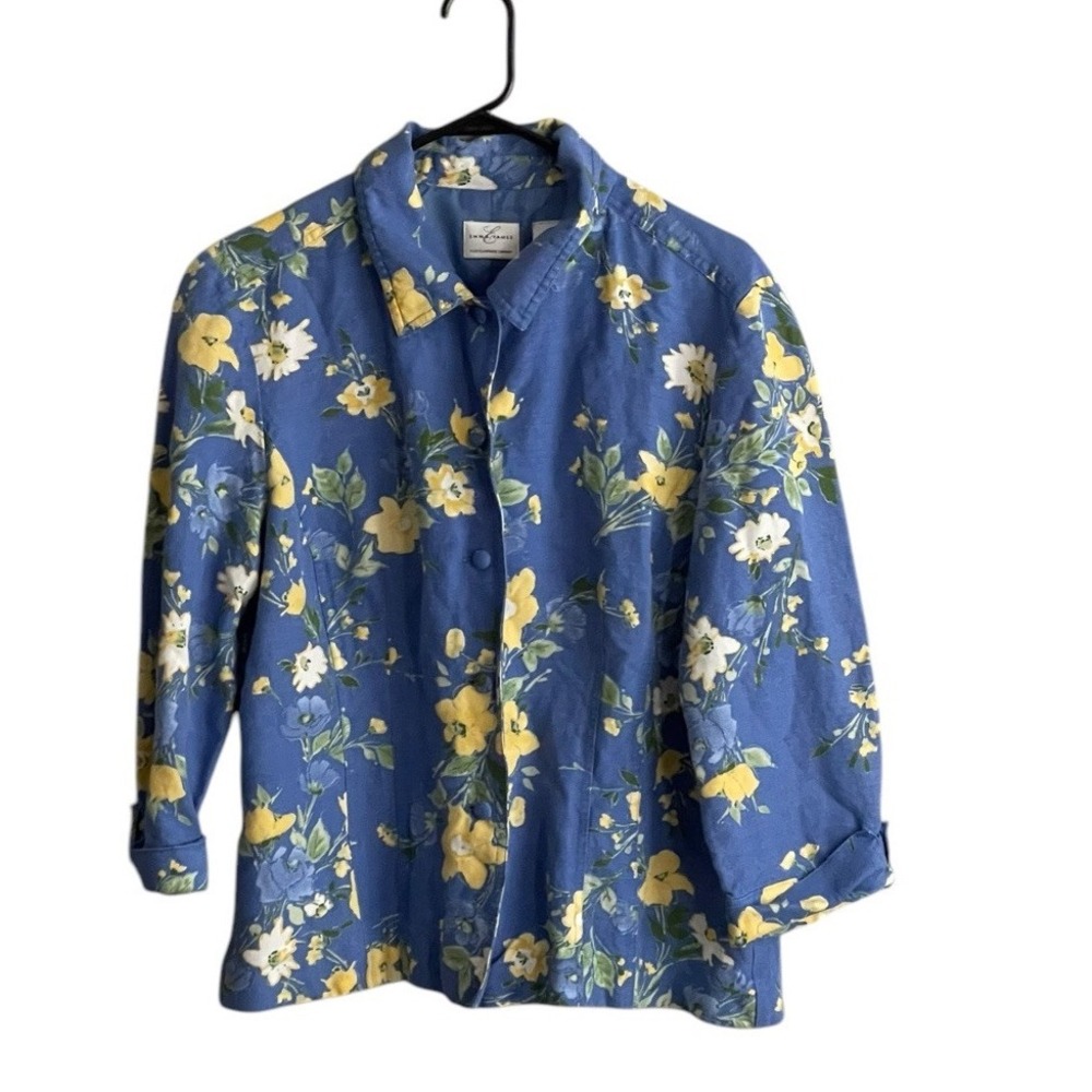 Emma James Jacket 12 Blue Yellow Floral Linen Button Lightweight Spring Easter